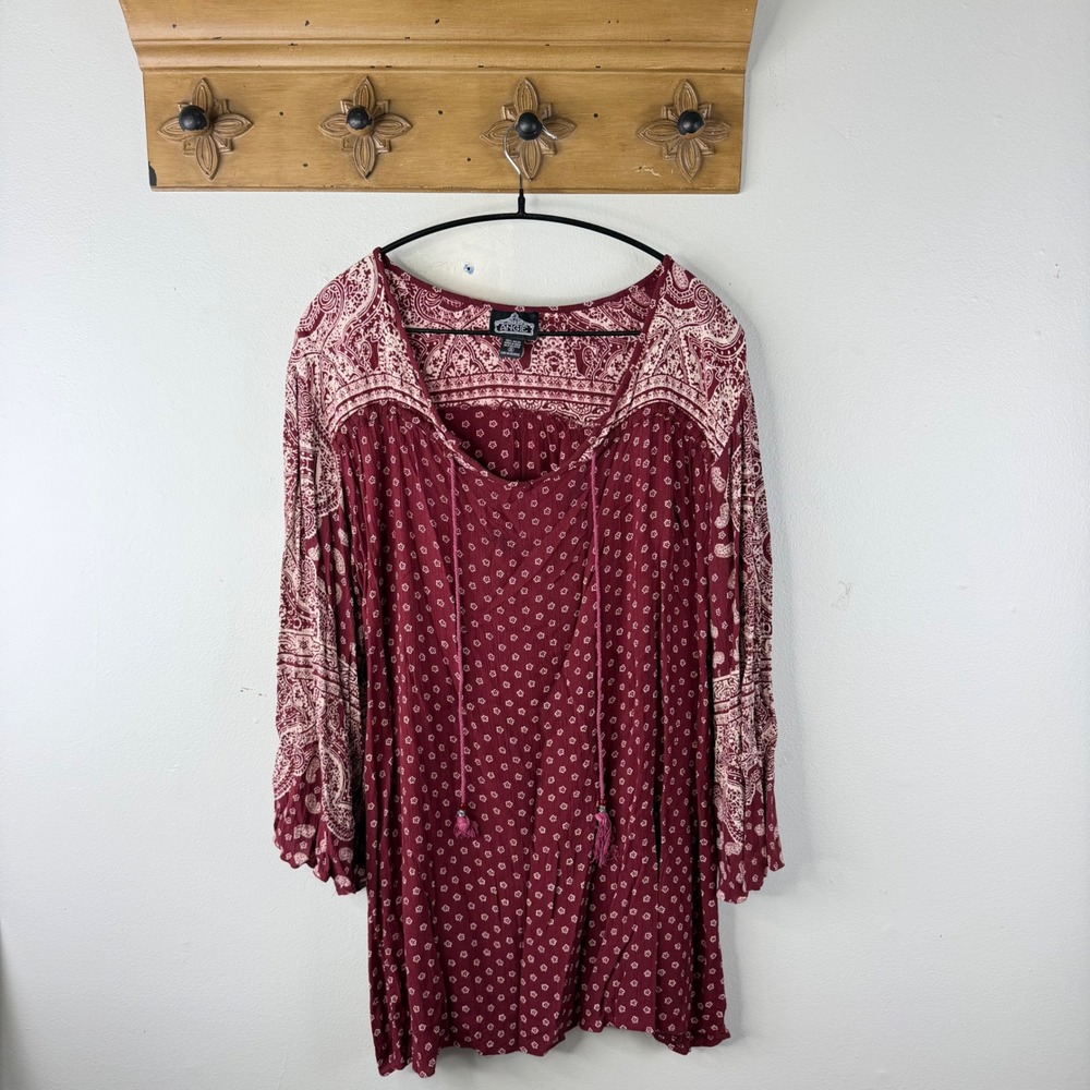 Angie Tunic Top Burgundy Red 1X Paisley Print Boho Bell Sleeve Tassel Tie